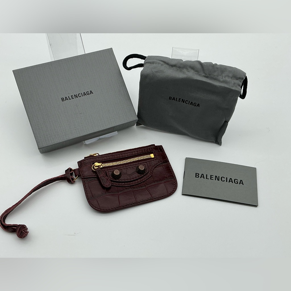 Balenciaga Croc-Embossed Card Pouch In Burgundy With Gold Hardware